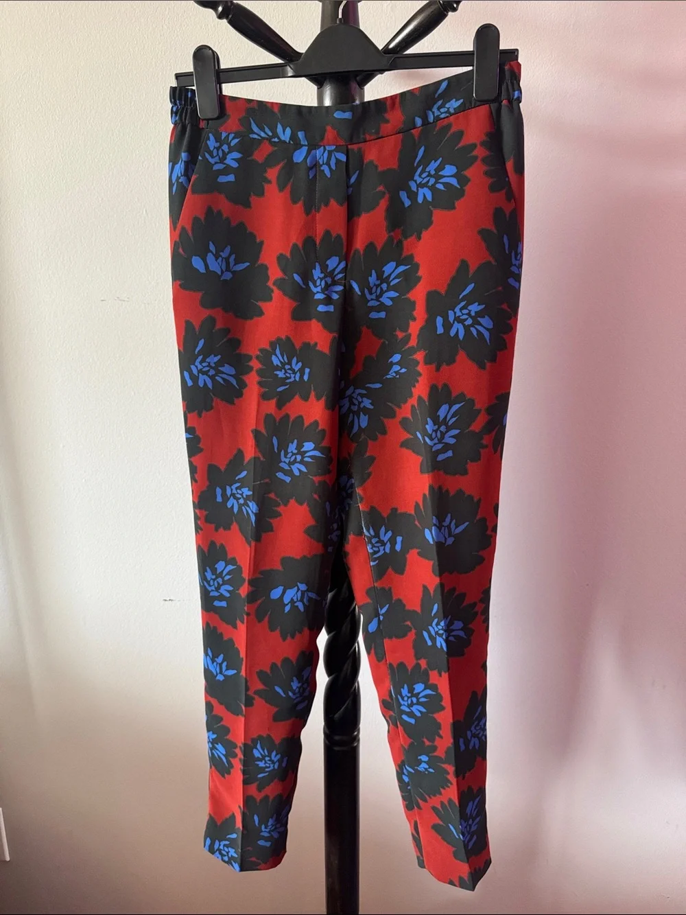 J. Crew Red Floral Print Trousers with Blue and Black Motif 7.1M